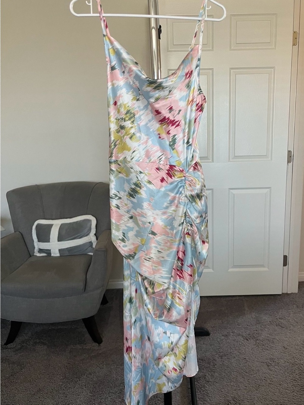 Satin Print Slip Dress in Pastel Floral